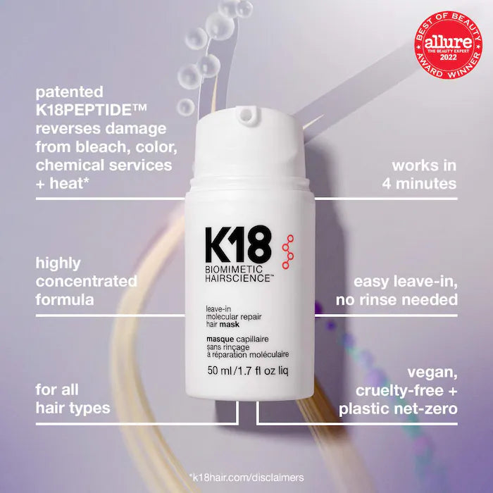 K18 Biomimetic K18® Biomimetic Hairscience قناع الشعر الذي لا يشطف لإصلاح الجزيئات قناع الشعر الذي لا يشطف لإصلاح الجزيئات