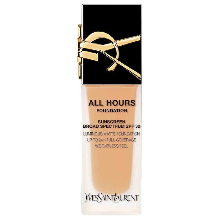 كريم أساس Yves Saint Laurent All Hours Luminous Natural Matte يدوم لمدة 24 ساعة مع عامل حماية من الشمس 30 وحمض الهيالورونيك - Makeup Essential®