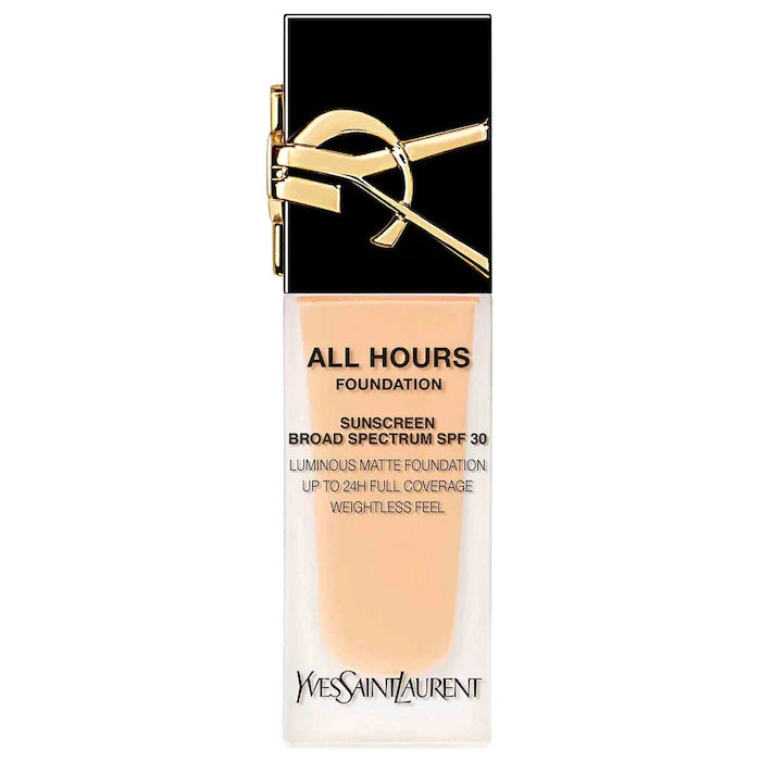 كريم أساس Yves Saint Laurent All Hours Luminous Natural Matte يدوم لمدة 24 ساعة مع عامل حماية من الشمس 30 وحمض الهيالورونيك - Makeup Essential®